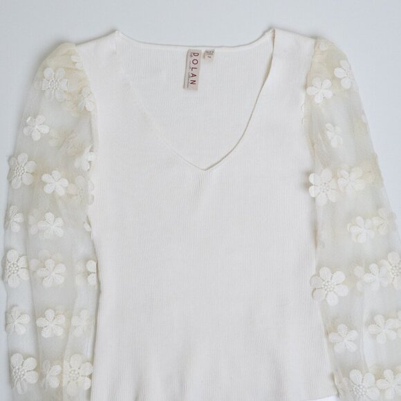 Anthropologie DOLAN Sheer Sleeve Appliqué Sweater Floral Fairy Whimsy Ivory - Picture 6 of 12